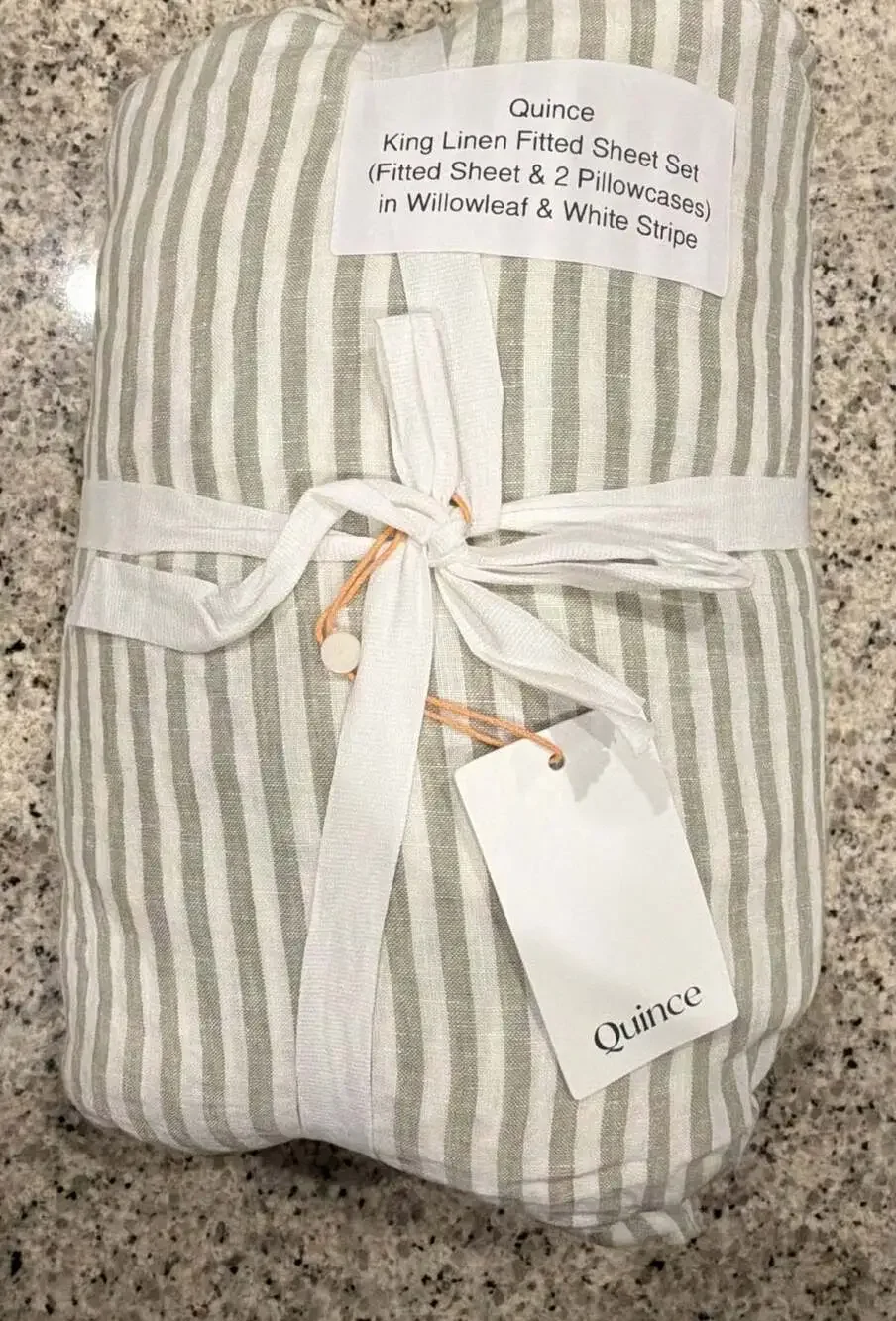 Quince King Linen Fitted Sheet Set in Willowleaf & White Stripe